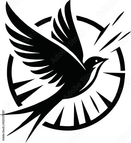 Black vector artwork illustration of a flying robin bird silhouette, capturing the graceful motion and elegance of this avian in a simple yet striking design.
