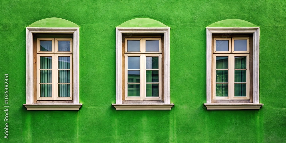 classic three windows on green wall, high angle view classic three windows on green wall, high angle view