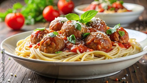 Classic spaghetti and meatballs dish with tomato sauce and Parmesan cheese