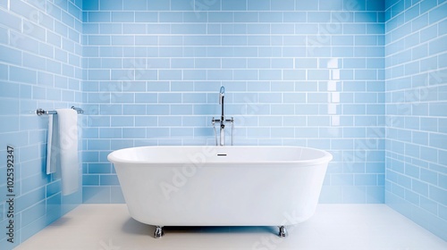 bathroom with white bathtub and white sink, light blue tiles on the wall