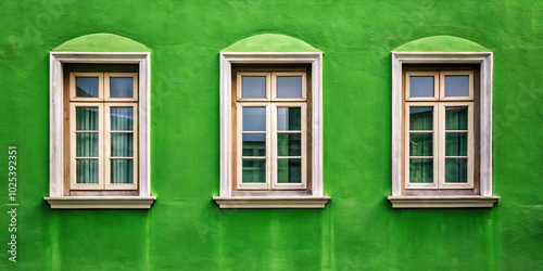 classic three windows on green wall, high angle view