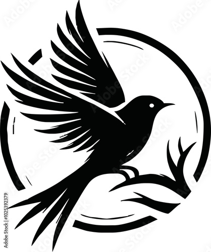 Black vector artwork illustration of a flying robin bird silhouette, capturing the graceful motion and elegance of this avian in a simple yet striking design.