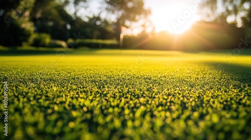 A low angle view of a lush green golf course, with the sun shining brightly in the background, and a flag in the distance.