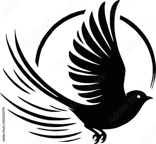 Black vector artwork illustration of a flying robin bird silhouette, capturing the graceful motion and elegance of this avian in a simple yet striking design.