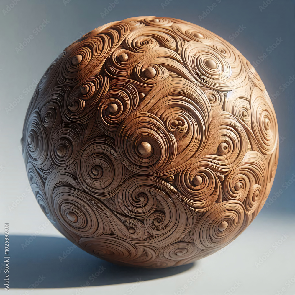 3D wooden sphere with intricate patterns bathed in soft light