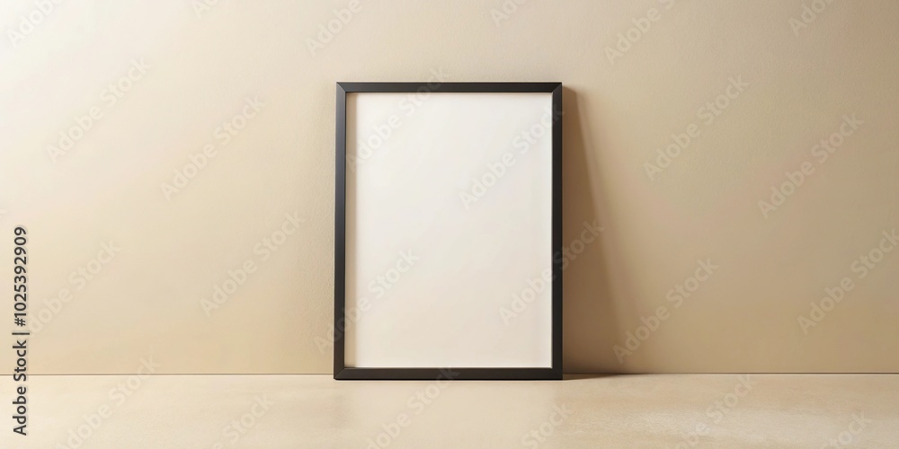Clean black thin frame mock up on beige wall background with depth of field Clean black thin frame mock up on beige wall background with depth of field