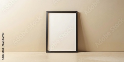 Clean black thin frame mock up on beige wall background with depth of field