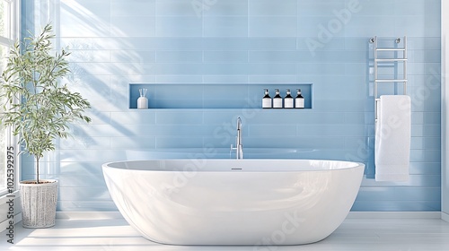bathroom with white bathtub and white sink, light blue tiles on the wall
