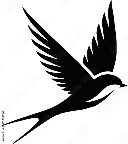 Black vector artwork illustration of a flying robin bird silhouette, capturing the graceful motion and elegance of this avian in a simple yet striking design.