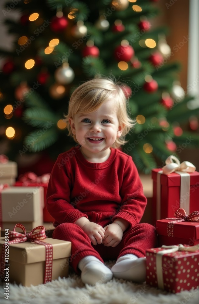 Cheerful toddler in red sweater enjoying Christmas morning surrounded by colorful gifts and a beautifully decorated tree Cheerful toddler in red sweater enjoying Christmas morning surrounded by colorful gifts and a beautifully decorated tree