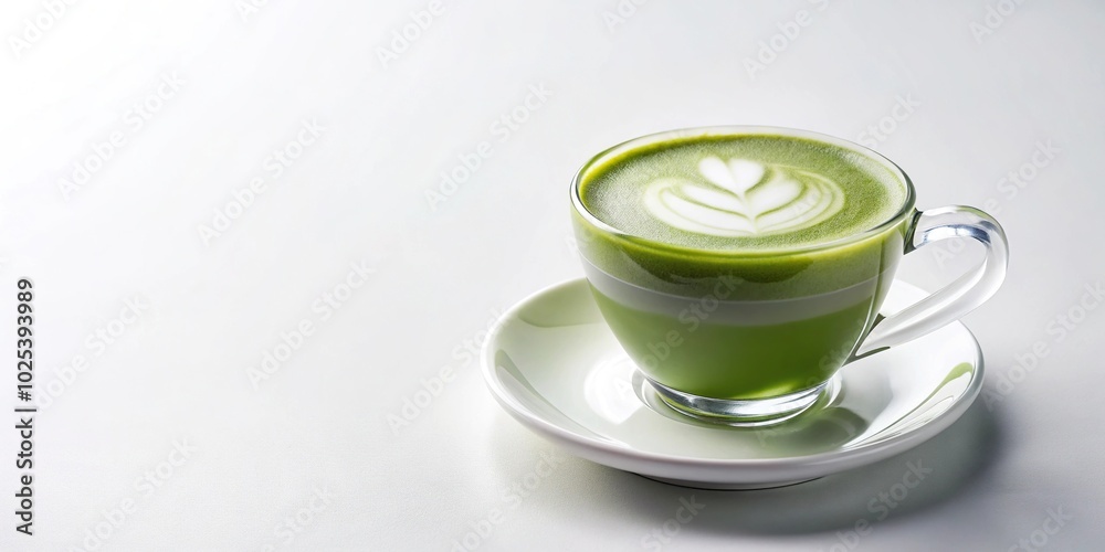 Clear coffee cup filled with Matcha Latte isolated on white background studio lighting for focused advertising Minimalist Clear coffee cup filled with Matcha Latte isolated on white background studio lighting for focused advertising Minimalist