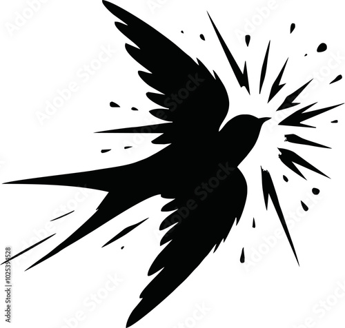 Black vector artwork illustration of a flying robin bird silhouette, capturing the graceful motion and elegance of this avian in a simple yet striking design.