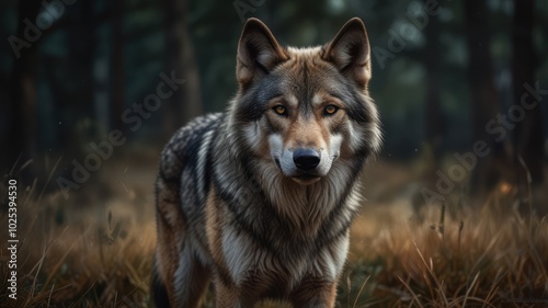 The wolfdog's ears are perked forward, listening intently to the sounds of the forest. Its powerful build and muscular frame suggest a formidable presence, a testament to its wolfish heritage.