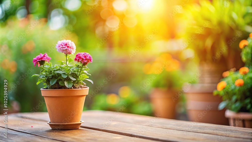 Close up of a flower in a pot on a table with garden background Close up of a flower in a pot on a table with garden background