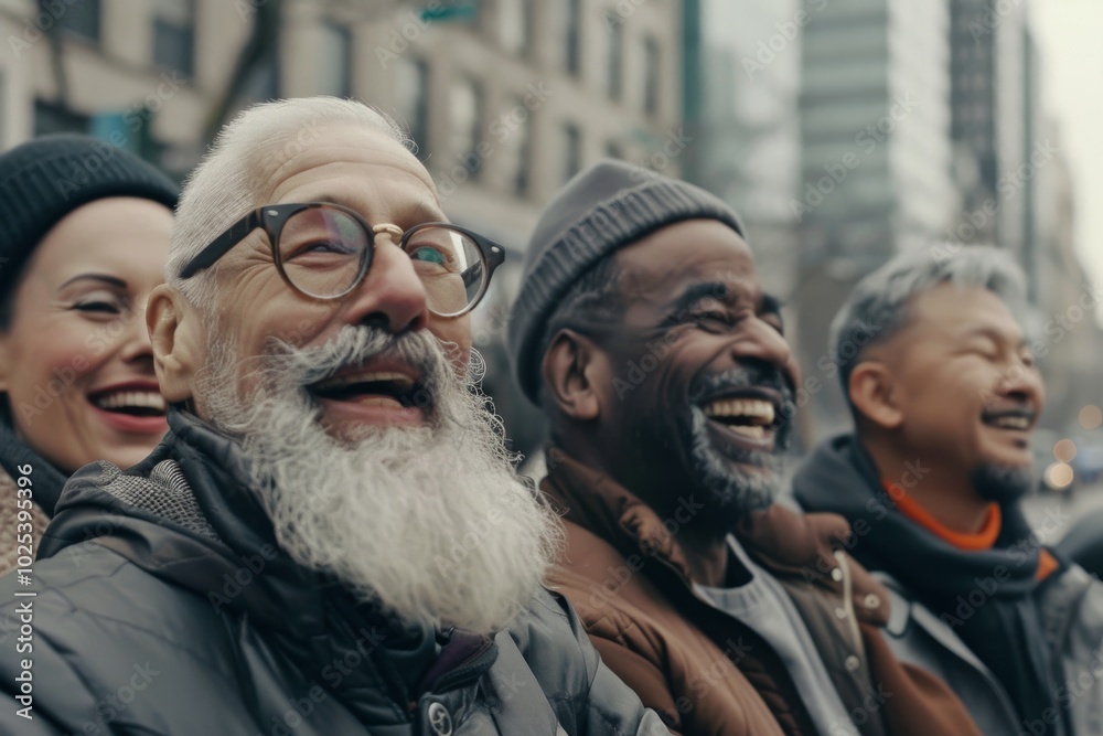 Group of senior people with long white beard and glasses having fun on the street.