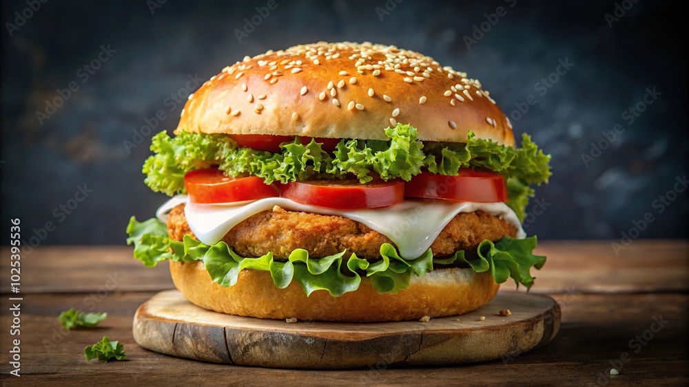 Close up of delicious crispy chicken sandwich with lettuce, tomato, and mayonnaise on sesame seed bun Close up of delicious crispy chicken sandwich with lettuce, tomato, and mayonnaise on sesame seed bun