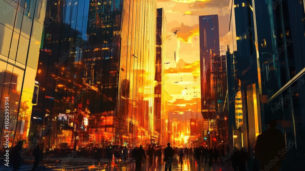 A dynamic sunset cityscape with tall glass buildings reflecting the golden sky, vibrant street lights, and bustling urban activity below A dynamic sunset cityscape with tall glass buildings reflecting the golden sky, vibrant street lights, and bustling urban activity below