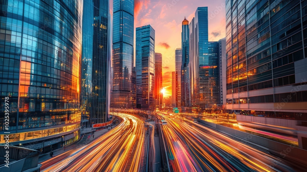 Fototapeta premium A dynamic sunset scene of a city with tall skyscrapers glowing in warm light, busy streets reflecting the vibrant colors of the city lights