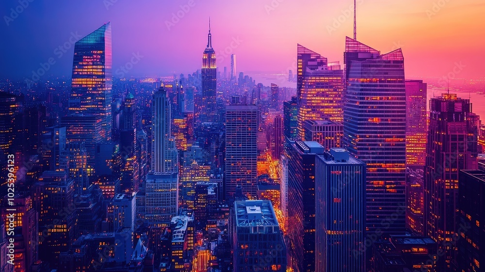 Obraz premium A lively urban scene at dusk with glowing skyscrapers reflecting the sunset hues, streets below filled with the energy of city life