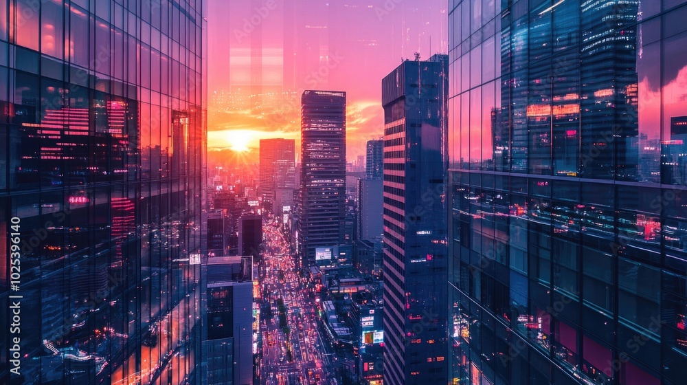 Fototapeta premium A lively urban scene at dusk with glowing skyscrapers reflecting the sunset hues, streets below filled with the energy of city life