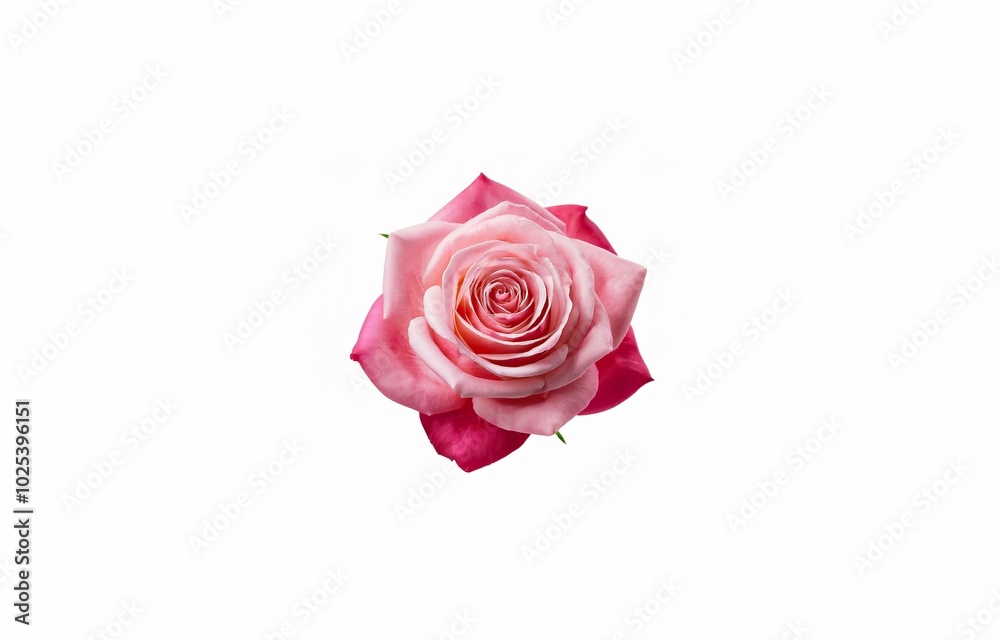 A single pink rose with multiple layers of petals is isolated on a white background. A single pink rose with multiple layers of petals is isolated on a white background.