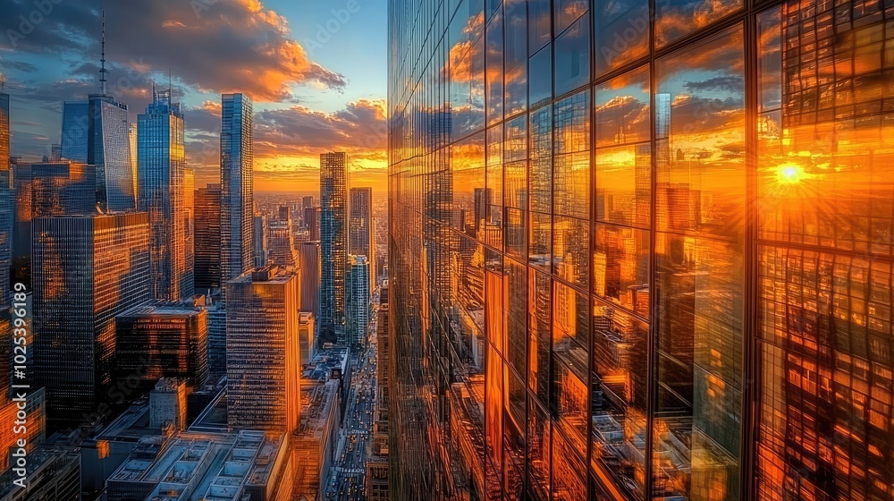 A stunning sunset city view with glass skyscrapers, reflecting golden hues, while the streets below bustle with life and activity A stunning sunset city view with glass skyscrapers, reflecting golden hues, while the streets below bustle with life and activity