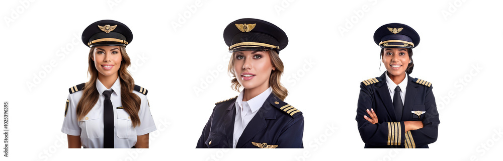 Three women in pilot uniforms are isolated against a white background. Three women in pilot uniforms are isolated against a white background.
