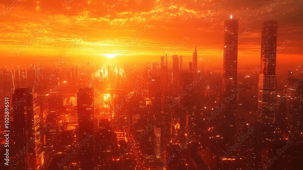 A vibrant city skyline at sunset with tall glass skyscrapers reflecting the orange sky, streets below alive with movement and lights A vibrant city skyline at sunset with tall glass skyscrapers reflecting the orange sky, streets below alive with movement and lights