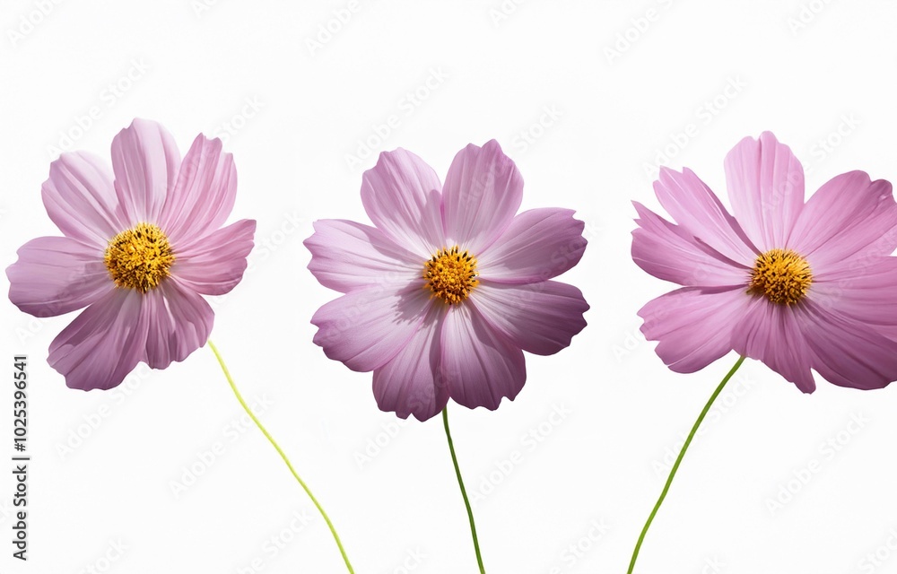 Three delicate pink cosmos flowers with yellow centers are displayed on a white background. Three delicate pink cosmos flowers with yellow centers are displayed on a white background.