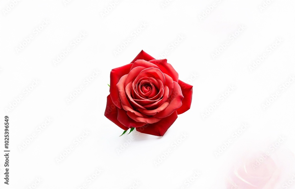 A single, fully bloomed rose with crimson red petals is presented on a white background. A single, fully bloomed rose with crimson red petals is presented on a white background.