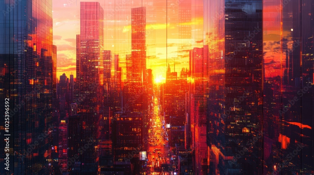 A beautiful sunset over the city with glass buildings glowing in warm light, reflecting the colorful street lights and bustling streets below A beautiful sunset over the city with glass buildings glowing in warm light, reflecting the colorful street lights and bustling streets below