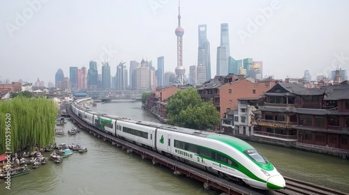 High-Speed Train Passing Through a City Canal with Skyscrapers in the Background photo