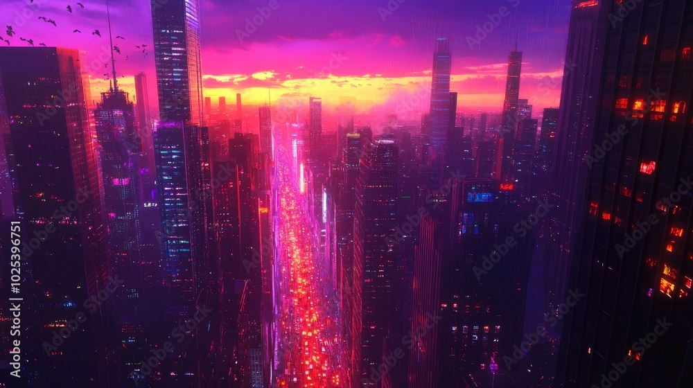 A city view at sunset featuring tall skyscrapers with reflections of the sunset, busy streets, and glowing colorful city lights A city view at sunset featuring tall skyscrapers with reflections of the sunset, busy streets, and glowing colorful city lights