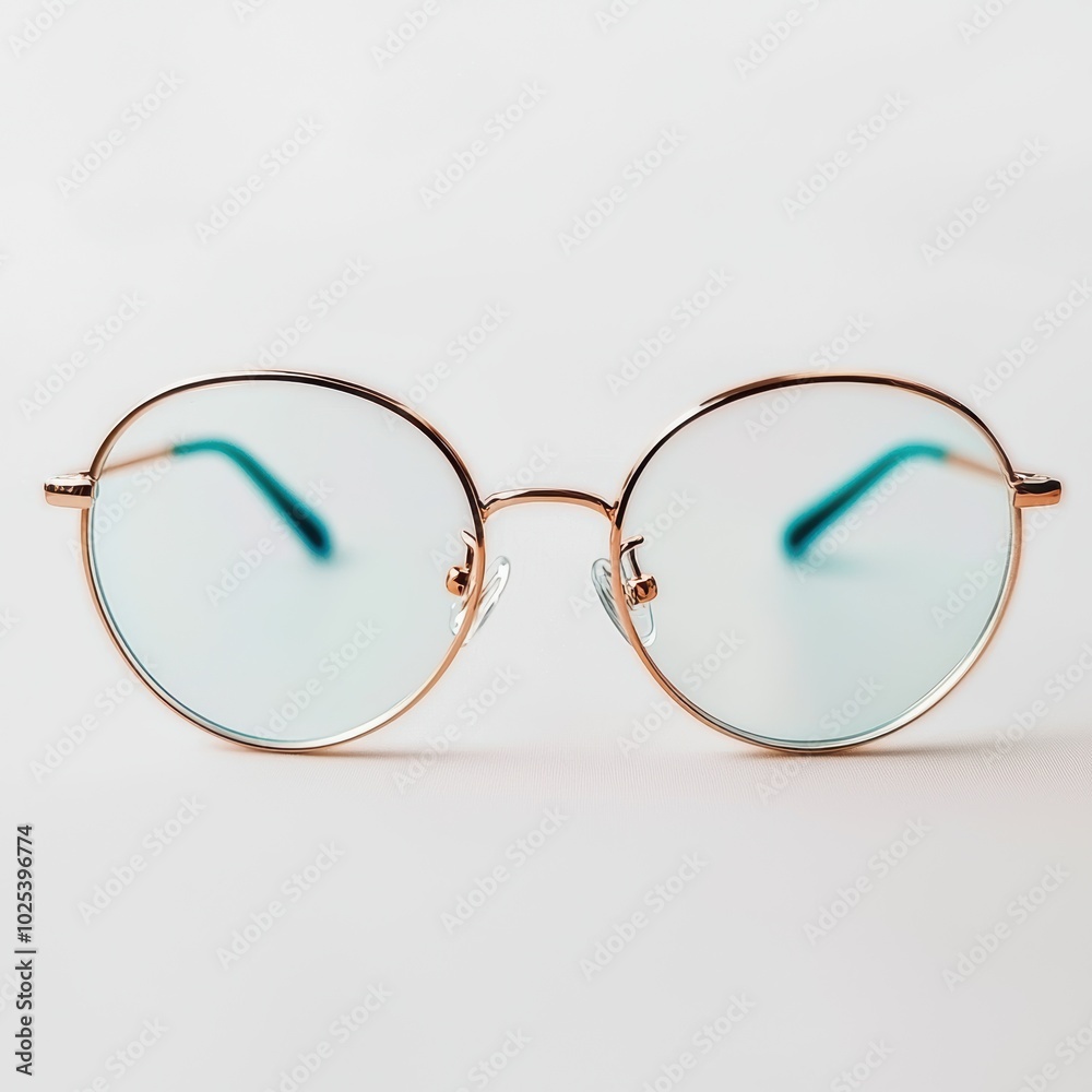 Fototapeta premium Stylish Round Glasses with Tinted Blue Lenses on White Background. Generative AI.