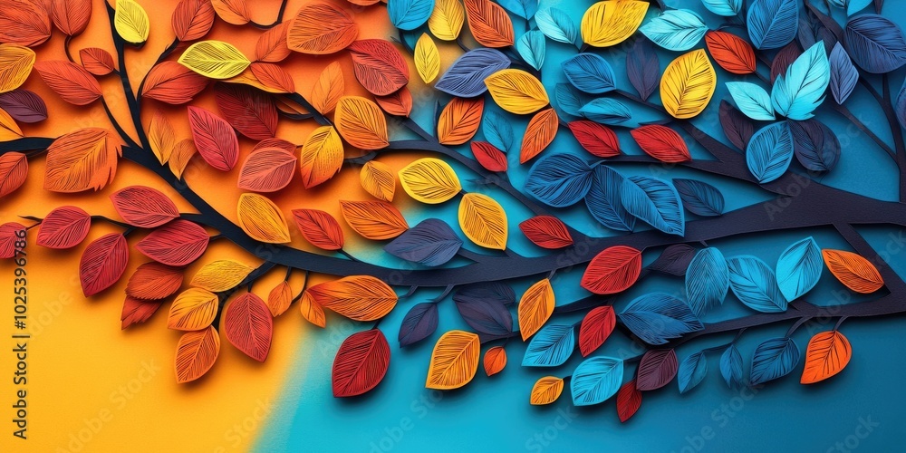 Vibrant autumn leaves on the branches of a tree, Colorful autumn foliage on tree branches Vibrant autumn leaves on the branches of a tree, Colorful autumn foliage on tree branches