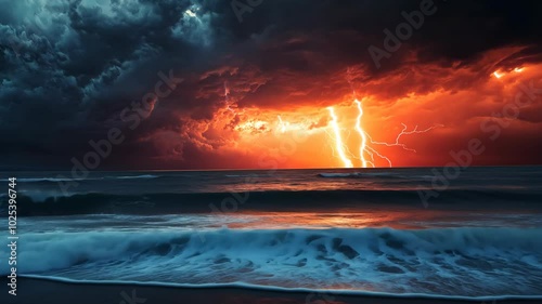 A dramatic lightning strike illuminates the sky over a choppy ocean at night