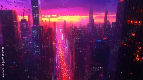 Wallpaper Mural A city view at sunset featuring tall skyscrapers with reflections of the sunset, busy streets, and glowing colorful city lights Torontodigital.ca