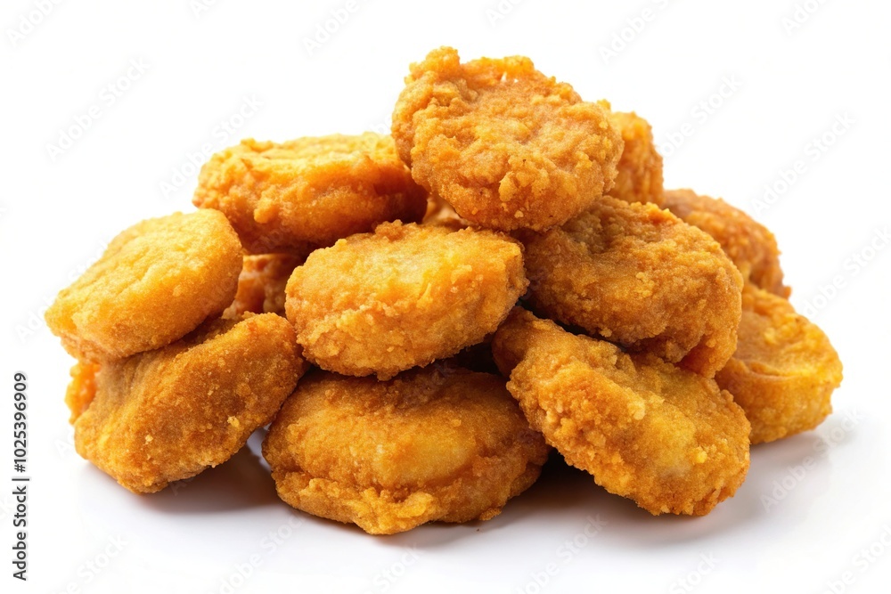 Close up shot of crispy chicken nuggets on white background isolated Close up shot of crispy chicken nuggets on white background isolated