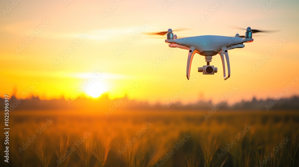 Drone Flying Over a Field at Sunset