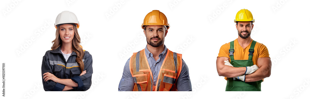 Three construction workers, a woman, a man, and a man, are wearing hard hats, looking forward, isolated on a white background. Three construction workers, a woman, a man, and a man, are wearing hard hats, looking forward, isolated on a white background.