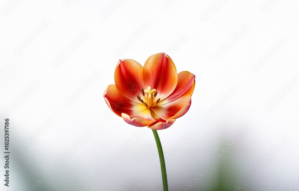 A single red and yellow tulip blossom with a green stem against a white background. A single red and yellow tulip blossom with a green stem against a white background.