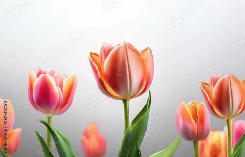 Orange and pink tulips in various stages of bloom against a light grey background.