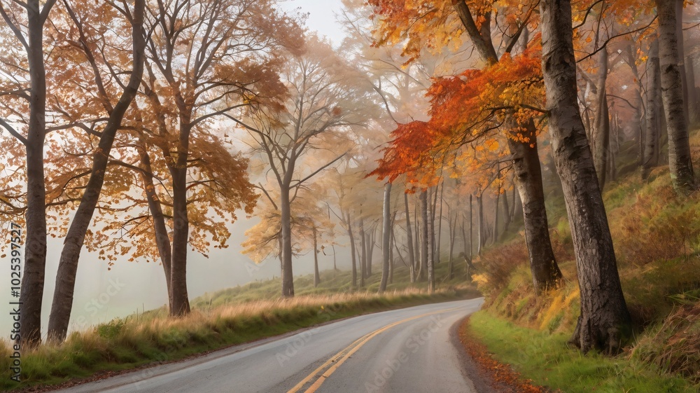 autumn trees lining a winding country road autumn trees lining a winding country road