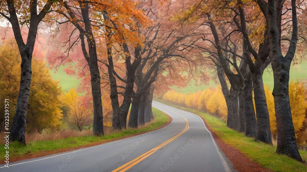 autumn trees lining a winding country road autumn trees lining a winding country road