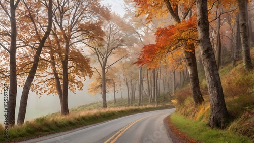 autumn trees lining a winding country road