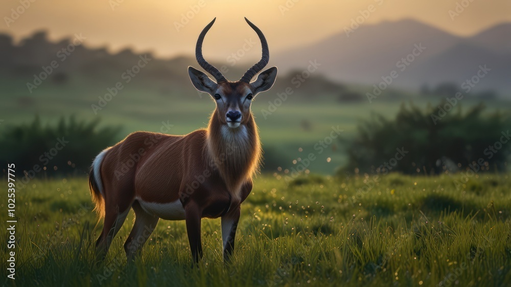 The antelope's silhouette stands out against the lush green grass and the hazy horizon, creating a serene and timeless scene. The antelope's silhouette stands out against the lush green grass and the hazy horizon, creating a serene and timeless scene.