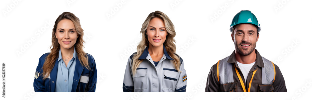 Three people wearing work uniforms.  Each person is isolated on a white background and is looking at the camera.