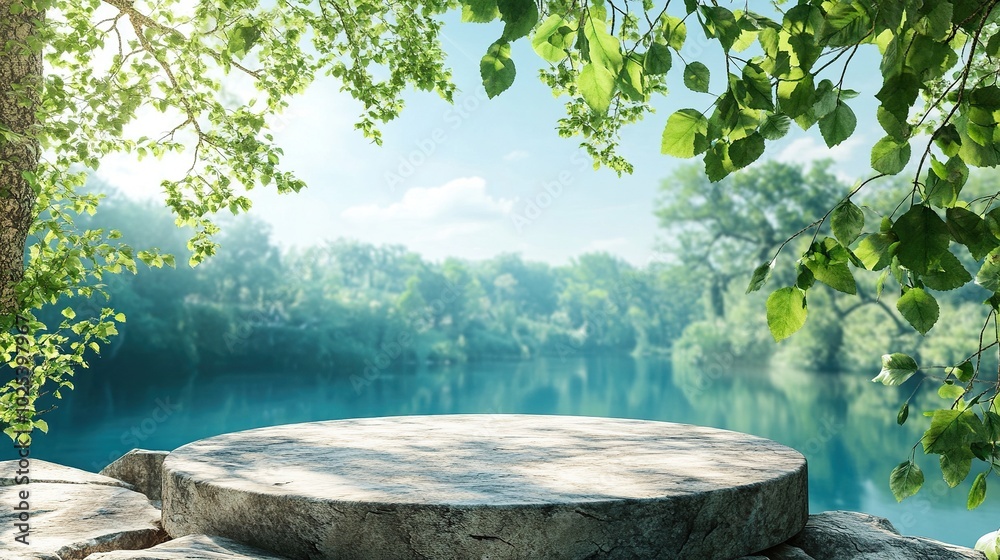 Design template of forest layout with a fresh blue water lake has a natural stone podium in center, over blue sky background. Green forest plants decoration, blank space for showing product Design template of forest layout with a fresh blue water lake has a natural stone podium in center, over blue sky background. Green forest plants decoration, blank space for showing product