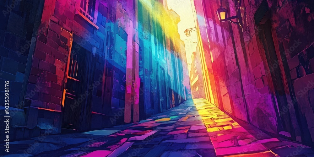 Sunlit alleyway with rays of light streaming through, Sunlit pathway with light beams shining through Sunlit alleyway with rays of light streaming through, Sunlit pathway with light beams shining through