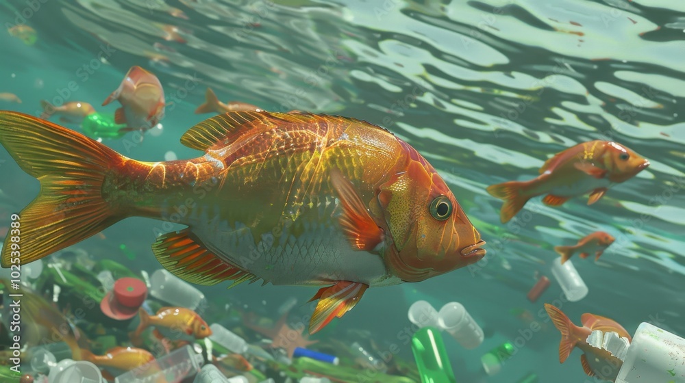 Vibrant Fish Swimming in Polluted Ocean Environment Vibrant Fish Swimming in Polluted Ocean Environment